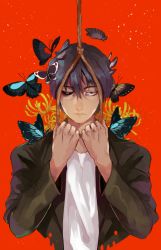 Rule 34 | 10s, 1boy, animal, animal on head, animal on shoulder, black hair, black jacket, black sclera, bug, butterfly, closed mouth, colored sclera, cropped torso, flower, frown, hair between eyes, heterochromia, holding, insect, jacket, long sleeves, looking at viewer, male focus, mismatched sclera, mob psycho 100, mogami keiji, noose, on head, red background, red eyes, rope, saha, spider lily, yellow eyes, yellow flower, yellow spider lily