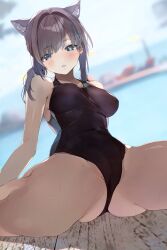 Rule 34 | 1girl, absurdres, animal ears, black one-piece swimsuit, blue archive, blue eyes, blurry, blurry background, breasts, bright pupils, cleavage, clenched teeth, competition swimsuit, grey hair, hair ornament, hairclip, highres, looking at viewer, medium breasts, one-piece swimsuit, open mouth, pisuta (yamashiro), ponytail, shiroko (blue archive), shiroko (swimsuit) (blue archive), solo, swimsuit, teeth, water drop, wet, wolf ears, wolf girl