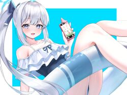 Rule 34 | 1girl, bare shoulders, blue archive, blue background, blue bow, blue eyes, blue halo, blue one-piece swimsuit, blush, border, bow, cellphone, commentary, feet out of frame, frilled one-piece swimsuit, frills, grey hair, hair bow, halo, hand up, highres, hogemi, holding, holding phone, innertube, long hair, looking at viewer, miyako (blue archive), miyako (swimsuit) (blue archive), off-shoulder one-piece swimsuit, off shoulder, official alternate costume, on innertube, one-piece swimsuit, open mouth, phone, ponytail, purple eyes, sidelocks, smartphone, smile, solo, swim ring, swimsuit, two-tone one-piece swimsuit, very long hair, white border
