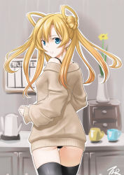 Rule 34 | 1girl, abukuma (kancolle), alternate costume, beige sweater, black panties, black thighhighs, blonde hair, blue eyes, blurry, chart (object), commentary request, counter, cowboy shot, cup, depth of field, double bun, flower, from behind, hair bun, hair rings, highres, kantai collection, long hair, looking back, panties, pitcher (container), solo, t2r, thighhighs, underwear, vase