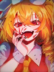 Rule 34 | 1girl, absurdres, blonde hair, blood, blood in hair, blood on face, blood on hands, blush, close-up, commentary, crazy smile, crossed bangs, eyes visible through hair, fingernails, flandre scarlet, hair between eyes, hand on own face, hand up, heart, heart-shaped pupils, highres, looking at viewer, medium hair, open mouth, red eyes, smile, solo, symbol-shaped pupils, teeth, tongue, tongue out, touhou, upper body, upper teeth only, uun-un-un (user eryy8424), wrist cuffs, yandere