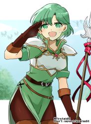 Rule 34 | 1girl, :d, armor, belt, boots, breastplate, brown gloves, dress, female focus, fire emblem, fire emblem: thracia 776, gloves, green dress, green eyes, green hair, holding, holding polearm, holding weapon, karin (fire emblem), looking at viewer, matching hair/eyes, nintendo, open mouth, polearm, red ribbon, ribbon, short hair, shoulder armor, smile, solo, thigh boots, thighhighs, weapon, white armor, yukia (firstaid0)