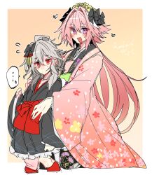 ... 2boys antenna_hair astolfo_(fate) astolfo_(the_princess&#039;_pilgrimage)_(fate) black_bow black_kimono black_pants black_vest blush bow dress_shirt fang fate/apocrypha fate/grand_order fate_(series) floral_print floral_print_kimono flower flying_sweatdrops grey_hair hair_between_eyes hair_bow hair_down hair_intakes haori haoro head_wreath heart hug japanese_clothes kimono long_hair looking_at_viewer male_focus medium_hair multicolored_hair multiple_boys obi obijime official_alternate_costume open_mouth pants pink_hair pink_kimono purple_eyes red_eyes red_sash sash sash_bow shirt sieg_(fate) signature skin_fang spoken_ellipsis streaked_hair trap two-tone_hair v very_long_hair vest white_hair white_shirt wide_sleeves yellow_flower