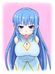 Rule 34 | 1girl, arms behind back, baragon, bare shoulders, blue eyes, blue hair, blush, breasts, cleavage, cleavage cutout, clothing cutout, condom, condom in mouth, dress, covered erect nipples, gem, large breasts, leaning forward, leviathan (zettai bouei leviathan), long hair, looking at viewer, matching hair/eyes, mouth hold, pointy ears, sleeveless, sleeveless dress, solo, taut clothes, taut dress, very long hair, zettai bouei leviathan