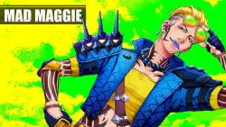 Rule 34 | 1girl, above the law mad maggie, animification, apex legends, blonde hair, blue gloves, breasts, brown eyes, character name, collarbone, crop top, elbow pads, unworn eyewear, gloves, hair slicked back, hand on own hip, holding, holding removed eyewear, mad maggie (apex legends), official alternate costume, purple lips, senbiki (nonono69), shoulder spikes, small breasts, smile, solo, spikes, sunglasses, undercut, v-shaped eyebrows