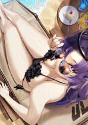 Rule 34 | 1girl, adjusting eyewear, bare shoulders, beach chair, bikini, black bikini, blue archive, blueorca, blush, breasts, cake, cake slice, cleavage, commentary request, food, fork, hair ornament, halo, hand on eyewear, highres, long hair, looking at viewer, medium breasts, plate, purple eyes, purple hair, sidelocks, sitting, solo, sunglasses, swimsuit, table, thighs, two side up, yuuka (blue archive)