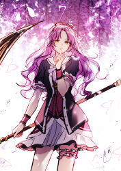 Rule 34 | 1girl, black jacket, bug, butterfly, closed mouth, cowboy shot, eiyuu densetsu, flower, frilled sleeves, frills, highres, holding, holding scythe, index finger raised, insect, jacket, looking at viewer, pink hair, purple flower, renne (eiyuu densetsu), scythe, sen no kiseki, sen no kiseki iv, short sleeves, simple background, skirt, smile, soap (user kghh4755), solo, white background, white skirt, wisteria, wristband, yellow eyes