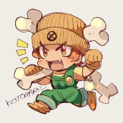 Rule 34 | 1boy, beanie, bone, brown footwear, brown gloves, brown hair, brown hat, chibi, chibi only, croket!, fang, full body, gloves, green overalls, hat, holding, holding bone, kotorai, male focus, no nose, open mouth, shirt, signature, solo, t-bone (croket!), thick eyebrows, v-shaped eyebrows, walking, yellow shirt