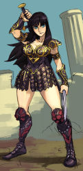 Rule 34 | 1girl, alex ahad, armor, armored dress, black hair, blue eyes, boots, breasts, chakram, cleavage, dual wielding, faulds, greaves, highres, holding, knee boots, large breasts, long hair, over shoulder, pteruges, scabbard, sheath, shoulder armor, solo, pauldrons, sword, sword over shoulder, vambraces, weapon, weapon over shoulder, xena, xena: warrior princess