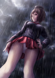 Rule 34 | 10s, 1girl, arm at side, bad id, bad pixiv id, blurry, brown eyes, brown hair, cloud, depth of field, from below, girls und panzer, hand on own hip, hat, highres, jacket, legs, legs apart, long sleeves, looking at viewer, miniskirt, nishizumi maho, outdoors, panties, pantyshot, papi (papiron100), parted lips, pleated skirt, rain, red skirt, short hair, skirt, sky, solo, standing, thighs, underwear, upskirt, wet, white panties