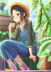 Rule 34 | 1girl, :&lt;, aiuabo, basket, black eyes, black hair, black shirt, boots, bow, brown hat, commentary request, crate, cup, day, flower box, garden, green nails, hair bow, hair ornament, hat, highres, holding, holding cup, lace, lace-trimmed shirt, lace trim, lattice, long hair, long sleeves, mug, nail polish, original, outdoors, overalls, pink footwear, plant, power lines, red bow, rubber boots, shirt, sitting, sleeves rolled up, socks, solo, soybean, twintails, white socks
