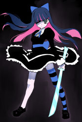 Rule 34 | 10s, 1girl, blue eyes, colored inner hair, female focus, full body, goth fashion, gothic lolita, gradient background, lolita fashion, long hair, multicolored hair, panty &amp; stocking with garterbelt, sakamoto mineji, solo, stocking (psg), striped clothes, striped thighhighs, stripes i &amp; ii, sword, thighhighs, two-tone hair, weapon