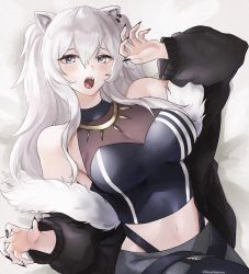 Rule 34 | .lav, 1girl, animal ears, black jacket, black nails, breasts, claw pose, cleavage, fangs, fingernails, fur-trimmed jacket, fur trim, grey eyes, highres, hololive, jacket, large breasts, lion ears, long hair, lying, nail polish, navel, official art, on back, on bed, open mouth, see-through, see-through cleavage, sharp fingernails, shirt, shishiro botan, shishiro botan (1st costume), signature, sleeveless, sleeveless shirt, solo, tommy (kingdukeee), torc, twintails, virtual youtuber, white hair