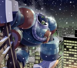 Rule 34 | 1boy, city, climbing, commentary request, frost man, green eyes, male focus, mega man (classic), mega man (series), mega man 8, napo, night, outdoors, snow, solo, winter