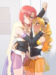 Rule 34 | 2girls, alternate costume, arm around waist, bare shoulders, blonde hair, blush, bridal gauntlets, brown eyes, cape, detached sleeves, earrings, forte stollen, galaxy angel, hair ornament, hakinikui kutsu no mise, hand on another&#039;s neck, hand on another&#039;s waist, head down, jewelry, kabedon, long hair, looking at another, looking up, miniskirt, multiple girls, ranpha franboise, red hair, see-through, short hair, sidelocks, skirt, smile, yuri
