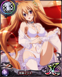 Rule 34 | 1girl, ahoge, blush, bra, breasts, brown hair, card (medium), chess piece, hair between eyes, hair ornament, high school dxd, high school dxd cross, holding, jewelry, large breasts, lingerie, long hair, looking at viewer, looking back, navel, necklace, official art, one leg raised, open mouth, panties, purple eyes, rook (chess), shidou irina, sitting, solo, twintails, underwear, very long hair, white bra, white legwear, white panties