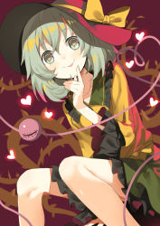 Rule 34 | 1girl, bare legs, black hat, blouse, bow, green eyes, green hair, green skirt, hand on own chin, hat, hat bow, heart, heart-shaped pupils, highres, komeiji koishi, looking at viewer, sh (shinh), shirt, sitting, skirt, smile, solo, symbol-shaped pupils, third eye, tongue, tongue out, touhou, yellow bow, yellow shirt