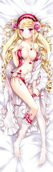 Rule 34 | 1girl, absurdres, bed, bed sheet, blonde hair, blush, bow, bra, breasts, bridal garter, cinia pacifica, cleavage, cocoon (loveririn), collarbone, dakimakura (medium), dress, drill hair, feet, flower, frilled thighhighs, frills, full body, garter belt, garter straps, highres, holding, lingerie, long hair, long image, lying, maid headdress, midriff, navel, negligee, no shoes, on back, open bra, open clothes, open dress, panties, petals, pink eyes, pinky out, red panties, ribbon, rose, scan, see-through, side-tie panties, solo, swept bangs, sword girls, tall image, thighhighs, toes, underwear, undressing, very long hair, white thighhighs