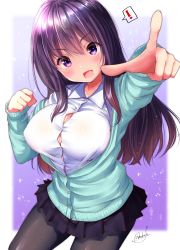 Rule 34 | !, 1girl, :d, black pantyhose, black skirt, breasts, bursting breasts, cardigan, cleavage, clenched hand, collared shirt, commentary request, covered erect nipples, green cardigan, highres, large breasts, mokufuu, open mouth, original, pantyhose, pleated skirt, pointing, purple eyes, purple hair, school uniform, serafuku, shirt, signature, simple background, skirt, smile, solo, spoken exclamation mark, standing, white shirt
