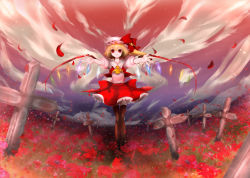 Rule 34 | 1girl, bad id, bad pixiv id, blonde hair, cross, female focus, field, flandre scarlet, flower, flower field, foreshortening, grave, graveyard, hat, light smile, minatsuki randoseru, mob cap, open mouth, outstretched arms, outstretched hand, ponytail, red sky, ribbon, short hair, sky, solo, thighhighs, touhou, wings