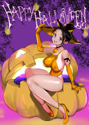 Rule 34 | 1girl, adjusting clothes, adjusting headwear, armlet, black choker, black eyes, black hair, black hat, boots, breasts, choker, commentary, covered erect nipples, dytm, elbow gloves, english text, gloves, halloween, happy halloween, hat, high heel boots, high heels, highleg, highleg swimsuit, highres, jack-o&#039;-lantern, jack-o&#039;-lantern ornament, large breasts, legs, leotard, looking at viewer, one-piece swimsuit, open mouth, orange footwear, orange gloves, orange leotard, original, oversized object, pool monitor part-timer (dytm), short hair, sitting, smile, solo, swimsuit, tan, tanline, witch hat