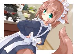 Rule 34 | 1girl, absurdres, animal ear fluff, animal ears, apron, black dress, blush, bow, brown hair, closed mouth, commentary request, cup, dress, dutch angle, faucet, frilled apron, frills, frying pan, green eyes, hair between eyes, highres, indoors, long sleeves, looking at viewer, looking back, maid, maid apron, maid headdress, manabe mana, mug, original, puffy long sleeves, puffy sleeves, sink, sleeves past wrists, smile, solo, tail raised, white apron, white bow