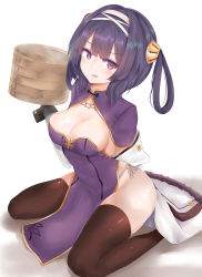 Rule 34 | 1girl, absurdres, arm behind back, azur lane, bamboo steamer, black thighhighs, blush, breasts, china dress, chinese clothes, cleavage, cleavage cutout, clothing cutout, commentary request, dress, fang, fur-trimmed jacket, fur trim, hair between eyes, hair rings, hairband, hairpods, head tilt, heart, heart-shaped pupils, highres, holding, jacket, large breasts, long hair, long sleeves, looking at viewer, ning hai (azur lane), parted lips, pelvic curtain, purple dress, purple eyes, purple hair, ru zhai, short sleeves, sidelocks, sitting, solo, steam, symbol-shaped pupils, thighhighs, thighs, wariza, wavy mouth, white background, white hairband, white jacket