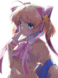 Rule 34 | 1girl, ahoge, akayama yukihe, backlighting, bag, blonde hair, blue eyes, blush, bow, commentary, dark, eyelashes, finger to mouth, fingernails, hair between eyes, hair ornament, hair ribbon, hand up, highres, holding, holding bag, kamikita komari, little busters!, long ribbon, looking at viewer, medium hair, open mouth, parted lips, pink bow, red ribbon, ribbon, school bag, school uniform, simple background, sleeves past wrists, solo, spiked hair, star (symbol), star hair ornament, sweater, two side up, upper body, white background, yellow sweater