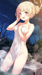 Rule 34 | 1girl, :d, blonde hair, blue archive, blush, breasts, cloud, collarbone, commentary request, covered navel, covering privates, hair bun, halo, highres, holding, holding towel, long hair, looking at viewer, medium breasts, night, night sky, nodoka (blue archive), nude, nude cover, onsen, open mouth, outdoors, partially submerged, red eyes, single hair bun, sky, smile, solo, star (sky), towel, wading, water, wet, yamasan