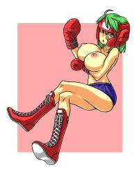 Rule 34 | 1girl, bandaid, boots, boxing gloves, breast hold, breasts, buruma, cross-laced footwear, crossed legs, female focus, full body, green hair, huge breasts, kazami yuuka, knee boots, lace-up boots, nipples, red eyes, short hair, simple background, sitting, solo, squemezzo, topless, touhou, unmoving pattern