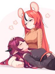 Rule 34 | 2girls, absurdres, animal ears, artist name, bare shoulders, black hair, blush, casual, closed eyes, commentary, demon horns, english commentary, hair down, hakos baelz, hand on another&#039;s head, highres, hololive, hololive english, horns, irys (hololive), lap pillow, long hair, long sleeves, looking at another, mouse ears, mouse girl, mouse tail, multicolored hair, multiple girls, namiorii, pointy ears, purple hair, red hair, ribbed sweater, sitting, sleeping, sleeping on person, smile, streaked hair, sweater, tail, turtleneck, turtleneck sweater, very long hair, virtual youtuber, white hair, yuri