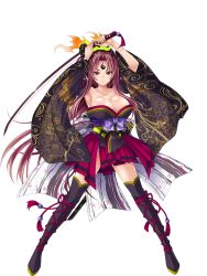Rule 34 | 1girl, arms up, awakening (sennen sensou aigis), black footwear, black thighhighs, bomi, boots, breasts, cleavage, detached sleeves, facial mark, forehead mark, full body, holding, holding sword, holding weapon, large breasts, legs apart, long hair, looking at viewer, momiji (sennen sensou aigis), official art, red eyes, red hair, sennen sensou aigis, solo, sword, thigh boots, thighhighs, transparent background, very long hair, weapon, wide sleeves, wide stance, zettai ryouiki