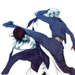 Rule 34 | 2boys, ass, battle, dark-skinned male, dark skin, dodging, fighting, fingerless gloves, gloves, k&#039; (kof), kicking, looking at another, male focus, midriff, multiple boys, q azieru, red hair, snk, the king of fighters, white hair, yagami iori