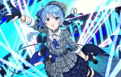 Rule 34 | 1girl, animated, belt, beret, black gloves, blue belt, blue eyes, blue hair, blush, concept art, cowboy shot, crown, dress, fisheye, gloves, grey hat, hand up, hat, holding, holding microphone, hololive, hoshimachi suisei, hoshimachi suisei (1st costume), idol, idol clothes, looking at viewer, medium hair, microphone, mini crown, official art, one eye closed, open mouth, partially fingerless gloves, plaid, plaid dress, plaid headwear, round teeth, side ponytail, smile, solo, stage, stage lights, talking, teeth, teshima nari, thigh strap, thighhighs, video, virtual youtuber, winking (animated)