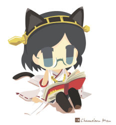 Rule 34 | 10s, 1girl, animal ears, artist name, bad id, bad pixiv id, black hair, blue eyes, book, cat ears, cat tail, chameleon man (three), chibi, detached sleeves, flat color, glasses, hairband, hiei (kancolle), kantai collection, kemonomimi mode, kirishima (kancolle), looking at viewer, no lineart, nontraditional miko, open book, pantyhose, reading, ribbon-trimmed sleeves, ribbon trim, short hair, simple background, sitting, solo, tail, white background