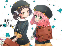 Rule 34 | 2girls, :&gt;, ameshiki, anya (spy x family), arms behind back, becky blackbell, black headwear, briefcase, brown eyes, brown hair, child, closed mouth, confetti, copyright name, eden academy school uniform, from behind, green eyes, grin, looking at viewer, looking back, multiple girls, pink hair, school briefcase, school uniform, short twintails, smile, spy x family, teeth, twintails