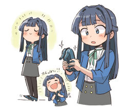 Rule 34 | 1girl, black thighhighs, blue eyes, blue footwear, blue hair, blue jacket, blunt bangs, blush, closed eyes, closed mouth, double-parted bangs, expressions, glowing, green ribbon, grey skirt, hair intakes, half updo, happy aura, high heels, holding, holding clothes, holding footwear, idolmaster, idolmaster million live!, jacket, long hair, mogami shizuka, neck ribbon, open mouth, parted lips, ribbon, shirt, sidelocks, simple background, skirt, smug, sparkle, thighhighs, translation request, tsubobot, variations, white background, white shirt