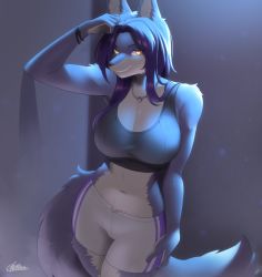 Rule 34 | 1girl, absurdres, against wall, animal ears, arm at side, arm up, bare arms, bare shoulders, blue hair, breasts, cleavage, collarbone, furry, furry female, gaothun, grey fur, highres, jewelry, large breasts, long hair, looking at viewer, midriff, navel, necklace, original, parted bangs, shorts, signature, smile, solo, sports bra, sportswear, tail, white fur, white shorts, wolf ears, wolf tail, yellow eyes