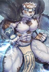 Rule 34 | 1boy, abs, ainu, animal ears, bara, bare pectorals, breath, bulge, chest hair, dagger, feet out of frame, furry, furry male, gakuran, grey fur, grey hair, headband, highres, holding, holding dagger, holding knife, holding weapon, horkeu kamui, jacket, jacket on shoulders, knife, large pectorals, male focus, muscular, muscular male, nipples, pectorals, pelvic curtain, school uniform, short hair, smirk, snowing, solo, stomach, tail, thick thighs, thighs, tokyo houkago summoners, two-tone fur, weapon, white fur, wind, wolf boy, wolf ears, wolf tail, yellow eyes, yukihoshi