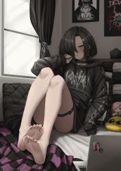 Rule 34 | 1girl, absurdres, ass, bare legs, barefoot, bed, bed sheet, black choker, black curtains, black hair, black hoodie, black nails, black straps, blanket, blush, chain necklace, checkered blanket, choker, clenched hands, collarbone, commentary request, computer, cross, cross earrings, cross hair ornament, curtains, day, doll, earrings, embarrassed, feet, full body, gluteal fold, goth fashion, hair ornament, hair over one eye, hairclip, head tilt, headboard, highres, hood, hood down, hoodie, indoors, jewelry, kurotama rei, laptop, leather choker, leather strap, legs, legs together, lobsteranian, long bangs, long sleeves, looking at viewer, medium hair, mole, mole under eye, nail polish, necklace, on bed, original, parted lips, pillow, poster (object), print hoodie, purple eyes, sidelocks, sitting, sleeves past wrists, soles, solo, spikes, sticker, stuffed toy, sweater, thigh strap, thighs, toenail polish, toenails, window