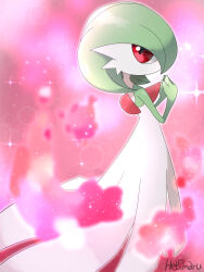 Rule 34 | 1girl, artist name, bob cut, colored skin, creatures (company), female focus, from side, game freak, gardevoir, gen 3 pokemon, green hair, green skin, hands up, hebimaru, highres, looking at viewer, misty terrain (pokemon), multicolored skin, nintendo, own hands together, pink background, pokemon, pokemon (creature), pokemon move, red eyes, short hair, signature, smoke, solo, sparkle, standing, two-tone skin, white skin