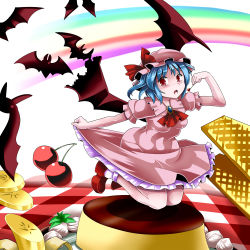 Rule 34 | 1girl, arm up, ascot, banana, bat (animal), bat wings, blue hair, blush, bobby socks, brooch, checkered floor, cherry, dress, female focus, floor, flying, food, fruit, hat, jewelry, leaf, legs up, lilish, looking at viewer, open mouth, pink dress, plate, platform footwear, pudding, rainbow, red eyes, remilia scarlet, short hair, skirt hold, socks, solo, touhou, wafer, whipped cream, white background, wings