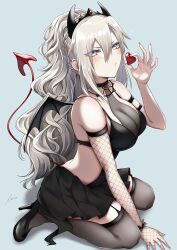 Rule 34 | 1girl, bare shoulders, black dress, blush, box, braid, breasts, butt crack, colored skin, demon girl, demon horns, demon tail, demon wings, dress, fate/grand order, fate (series), french braid, grey eyes, highres, horns, ichi kq, ichi kq, kriemhild (fate), large breasts, long hair, looking at viewer, mole, mole under eye, open mouth, pale skin, ponytail, sketch, solo, tail, thighhighs, thighs, white hair, white skin, wings