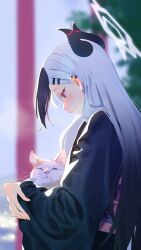 Rule 34 | 1girl, absurdres, animal, black hair, black kimono, blue archive, blurry, blurry background, blush, breath, cat, cmi, crossed arms, demon horns, earclip, from side, hair ornament, hairclip, halo, highres, holding, holding animal, holding cat, horns, japanese clothes, kayoko (blue archive), kayoko (new year) (blue archive), kimono, long hair, long sleeves, looking at animal, looking down, mitsutsuka, multicolored hair, obi, official alternate costume, red eyes, sash, sunlight, two-tone hair, white hair