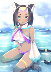 Rule 34 | 1girl, animal ear fluff, animal ears, bare shoulders, black hair, blue eyes, breasts, cat ears, cat girl, cat tail, chita (ketchup), dark skin, dark-skinned female, detached sleeves, eyelashes, facepaint, gem, headband, highres, jewelry, kneeling, lips, looking at viewer, midriff, navel, original, panties, parted lips, partially submerged, purple panties, ring, short eyebrows, signature, solo, stomach, tail, tail ornament, tail ring, thighlet, underwear, water, wet, wet clothes