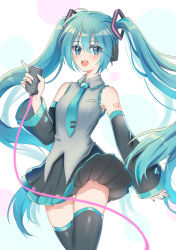 Rule 34 | 1girl, absurdres, ajing, aqua eyes, aqua hair, bare shoulders, blue eyes, blue nails, blush, commentary request, detached sleeves, hatsune miku, highres, long hair, long sleeves, looking at viewer, nail polish, necktie, open mouth, skirt, sleeveless, smile, solo, thighhighs, twintails, very long hair, vocaloid