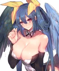 Rule 34 | 1girl, arc system works, asymmetrical wings, bare shoulders, blue hair, blush, breasts, cleavage, corset, detached collar, detached sleeves, dizzy (guilty gear), covered erect nipples, feathered wings, guilty gear, guilty gear xrd, hair between eyes, hair ribbon, hair rings, head tilt, impossible clothes, large breasts, long hair, looking at viewer, oro (sumakaita), red eyes, ribbon, solo, tail, wings, yellow ribbon