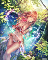 Rule 34 | 1girl, anbe yoshirou, bikini, box, breasts, candy, chocolate, chocolate heart, cleavage, food, green eyes, heart, heart-shaped box, holding, jewelry, leaf, long hair, looking at viewer, nature, navel, necklace, official art, orange hair, original, parted lips, ribbon, shinma x keishou! ragnabreak, solo, swimsuit, thighs, valentine, water