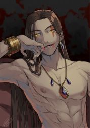 Rule 34 | 1boy, abs, black background, black hair, bracelet, earrings, facial mark, fangs, hand up, jewelry, lanxi zhen, long hair, looking at viewer, male focus, muscular, muscular male, naga (the legend of luoxiaohei), necklace, nipples, parted lips, pectorals, rkp, shadow, topless male, signature, smile, solo, luo xiaohei zhanji, yellow eyes