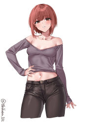 Rule 34 | 1girl, alternate costume, blush, breasts, brown eyes, brown hair, cowboy shot, denim, ebifurya, highres, jeans, kantai collection, long sleeves, looking at viewer, navel, one-hour drawing challenge, open mouth, pants, short hair, small breasts, solo, stomach, twitter username, white background, z3 max schultz (kancolle)